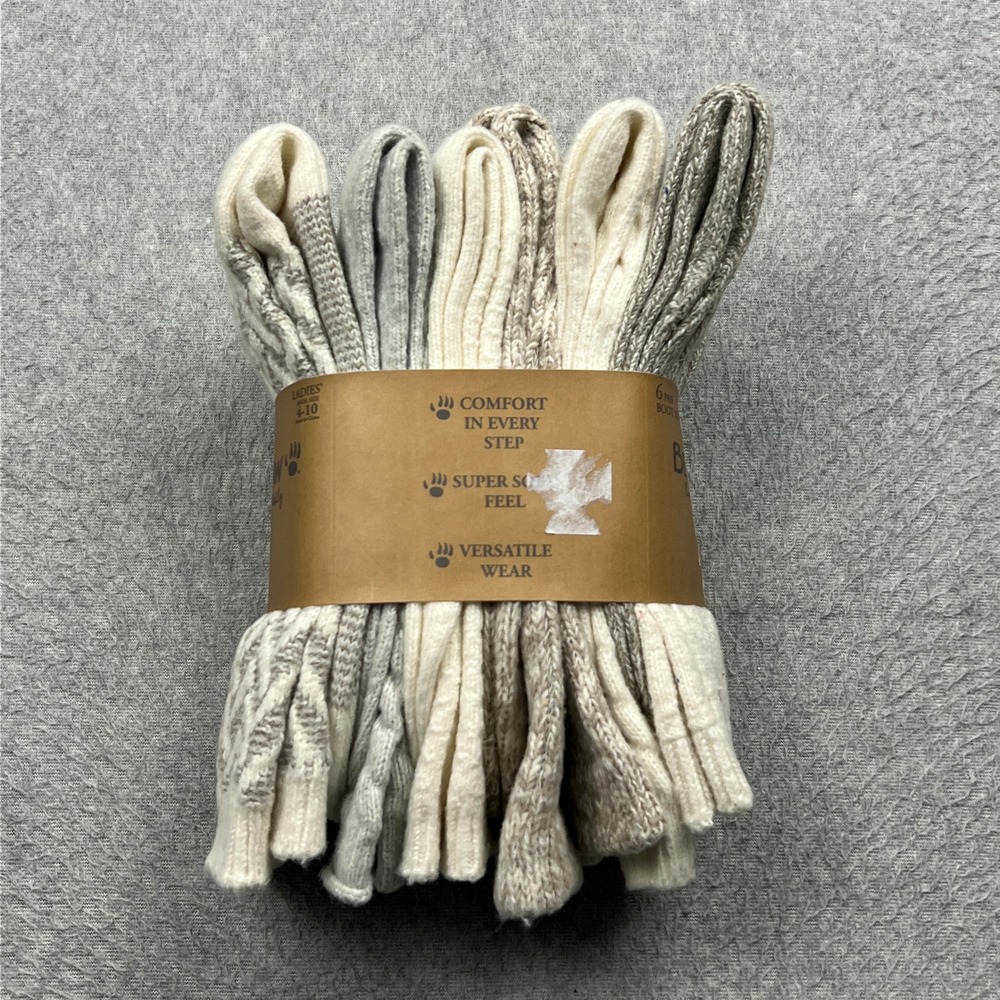 NEW Bearpaw Boot Socks Womens 4-10 Ivory Marled Cable Knit Ski Cabin 6 Pair Pack